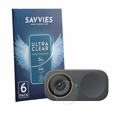 Face avant d’un emballage produit avec le logo de la marque Savvies. À côté, l’appareil Insta360 Link 2C Pro (Lentille) est re
