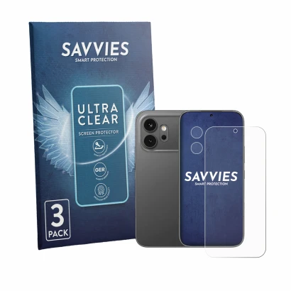Face avant d’un emballage produit avec le logo de la marque Savvies. À côté, l’appareil Honor 600 (Avant+Caméra) est représent