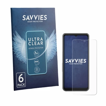 Face avant d’un emballage produit avec le logo de la marque Savvies. À côté, l’appareil Sonim XP Pro E est représenté avec la 