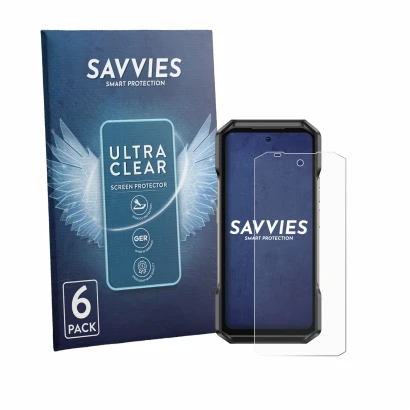 Face avant d’un emballage produit avec le logo de la marque Savvies. À côté, l’appareil Ulefone Armor 27T Pro Plus est représe