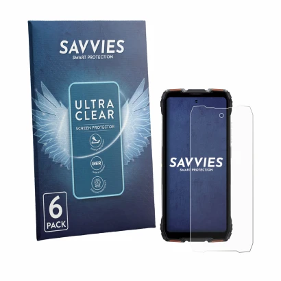 Face avant d’un emballage produit avec le logo de la marque Savvies. À côté, l’appareil Blackview Rock 3 est représenté avec l