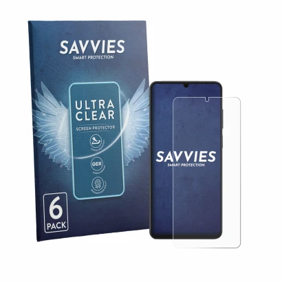 Face avant d’un emballage produit avec le logo de la marque Savvies. À côté, l’appareil Honor X6d est représenté avec la prote