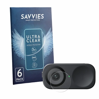 Face avant d’un emballage produit avec le logo de la marque Savvies. À côté, l’appareil Insta360 Link 2C (Lentille) est représ