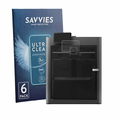 Face avant d’un emballage produit avec le logo de la marque Savvies. À côté, l’appareil Bambu Lab X2D est représenté avec la p