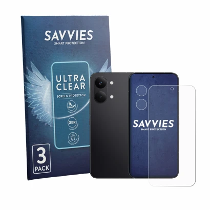 Face avant d’un emballage produit avec le logo de la marque Savvies. À côté, l’appareil Xiaomi Poco X8 Pro Max (Avant+Caméra) 