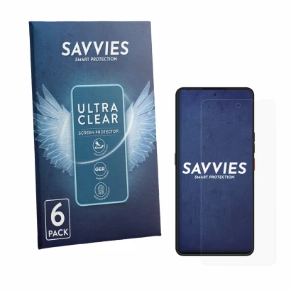 Face avant d’un emballage produit avec le logo de la marque Savvies. À côté, l’appareil Volla Phone Plinius est représenté ave