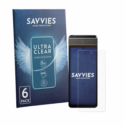Face avant d’un emballage produit avec le logo de la marque Savvies. À côté, l’appareil Sunmi V3e est représenté avec la prote