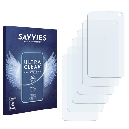 Face avant d’un emballage produit avec le logo de la marque Savvies. À côté se trouve la protection d’écran correspondante.