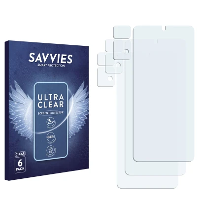 Face avant d’un emballage produit avec le logo de la marque Savvies. À côté se trouve la protection d’écran correspondante.