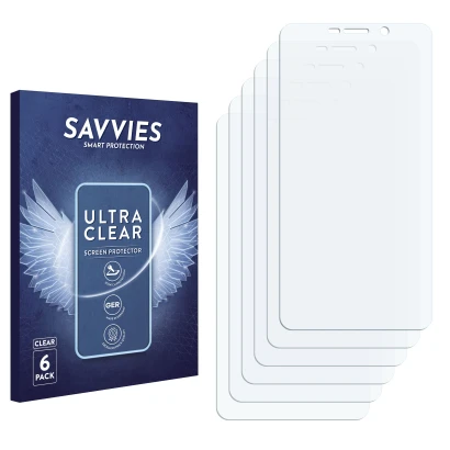 Face avant d’un emballage produit avec le logo de la marque Savvies. À côté se trouve la protection d’écran correspondante.