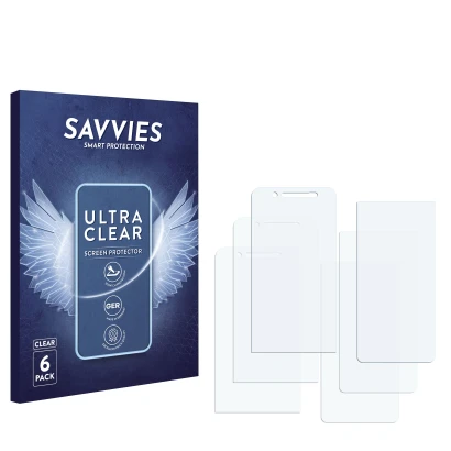 Face avant d’un emballage produit avec le logo de la marque Savvies. À côté se trouve la protection d’écran correspondante.