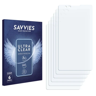 Face avant d’un emballage produit avec le logo de la marque Savvies. À côté se trouve la protection d’écran correspondante.