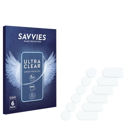 Face avant d’un emballage produit avec le logo de la marque Savvies. À côté se trouve la protection d’écran correspondante.