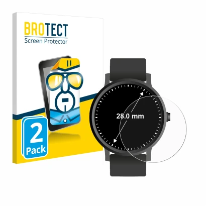 Face avant d’un emballage produit avec le logo de la marque BROTECT. À côté, l’appareil Montres (Circulaire, ø: 28 mm) est rep