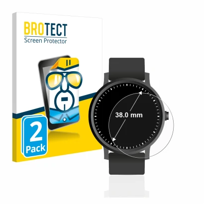 Face avant d’un emballage produit avec le logo de la marque BROTECT. À côté, l’appareil Montres (Circulaire, ø: 38 mm) est rep