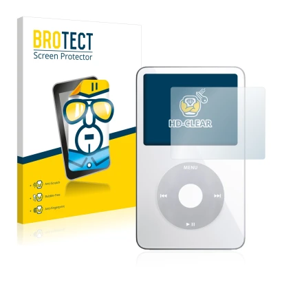 Face avant d’un emballage produit avec le logo de la marque BROTECT. À côté, l’appareil Apple iPod classic video Display (5ème