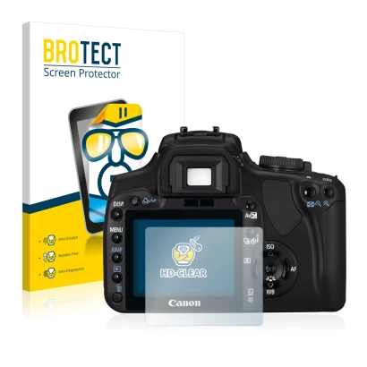 Face avant d’un emballage produit avec le logo de la marque BROTECT. À côté, l’appareil Canon EOS 400D est représenté avec la