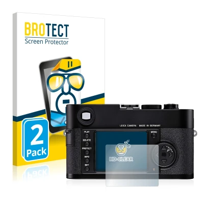 Face avant d’un emballage produit avec le logo de la marque BROTECT. À côté, l’appareil Leica M8 est représenté avec la protec