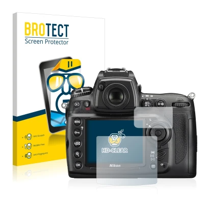 Face avant d’un emballage produit avec le logo de la marque BROTECT. À côté, l’appareil Nikon D700 est représenté avec la prot