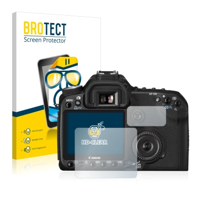 Face avant d’un emballage produit avec le logo de la marque BROTECT. À côté, l’appareil Canon EOS 50D est représenté avec la p