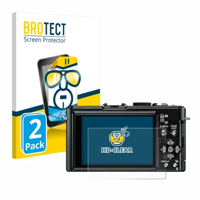 Face avant d’un emballage produit avec le logo de la marque BROTECT. À côté, l’appareil Leica D-Lux 4 est représenté avec la p