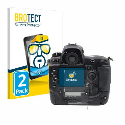 Face avant d’un emballage produit avec le logo de la marque BROTECT. À côté, l’appareil Nikon D3x est représenté avec la prote