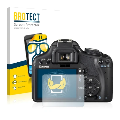 Face avant d’un emballage produit avec le logo de la marque BROTECT. À côté, l’appareil Canon EOS 500D est représenté avec la 