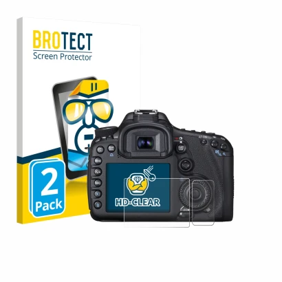Face avant d’un emballage produit avec le logo de la marque BROTECT. À côté, l’appareil Canon EOS 7D est représenté avec la pr