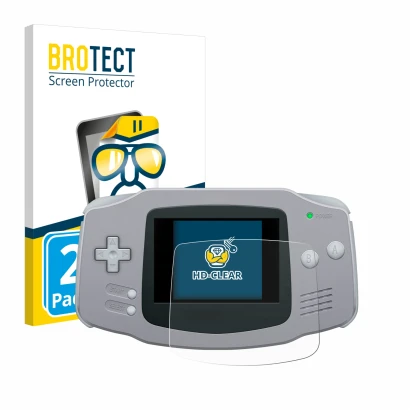 Face avant d’un emballage produit avec le logo de la marque BROTECT. À côté, l’appareil Nintendo Gameboy Advance GBA est repré
