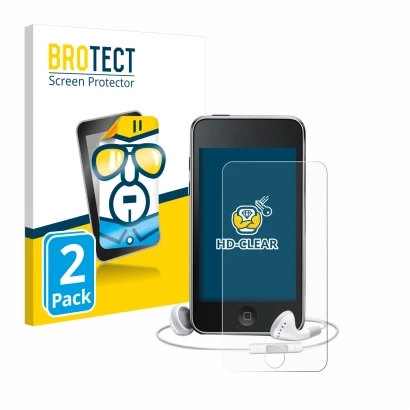 Face avant d’un emballage produit avec le logo de la marque BROTECT. À côté, l’appareil Apple iPod Touch (3ème Gen.) est repré
