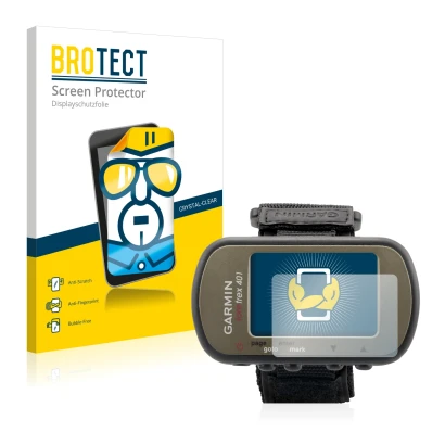 Face avant d’un emballage produit avec le logo de la marque BROTECT. À côté, l’appareil Garmin Foretrex 401 est représenté ave