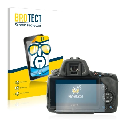 Face avant d’un emballage produit avec le logo de la marque BROTECT. À côté, l’appareil Sony Alpha 55 (SLT-A55V) est représent