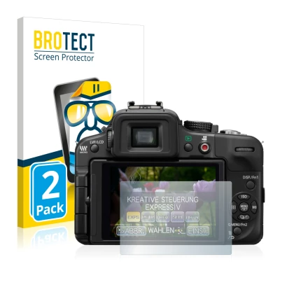 Face avant d’un emballage produit avec le logo de la marque BROTECT. À côté, l’appareil Panasonic Lumix DMC-G3 est représenté