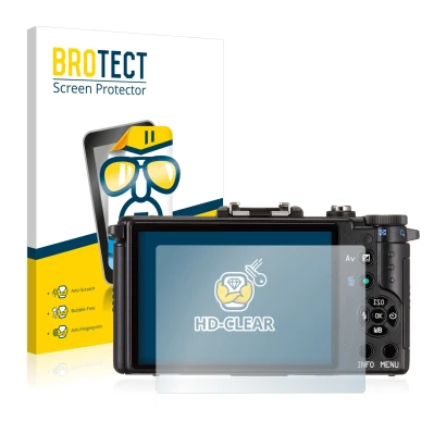 Face avant d’un emballage produit avec le logo de la marque BROTECT. À côté, l’appareil Pentax Q est représenté avec la protec