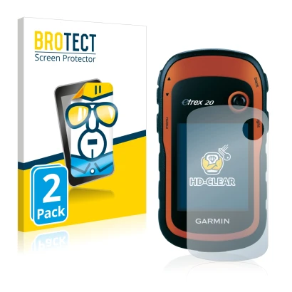 Face avant d’un emballage produit avec le logo de la marque BROTECT. À côté, l’appareil Garmin eTrex 20 est représenté avec la