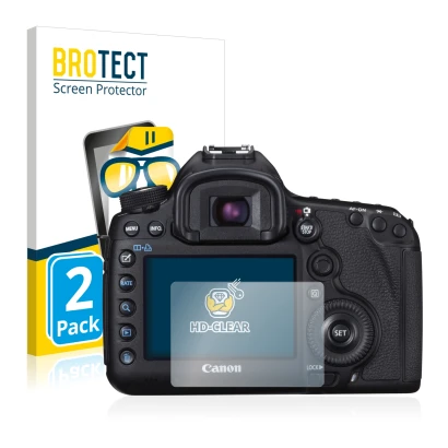 Face avant d’un emballage produit avec le logo de la marque BROTECT. À côté, l’appareil Canon EOS 5D Mark III est représenté a