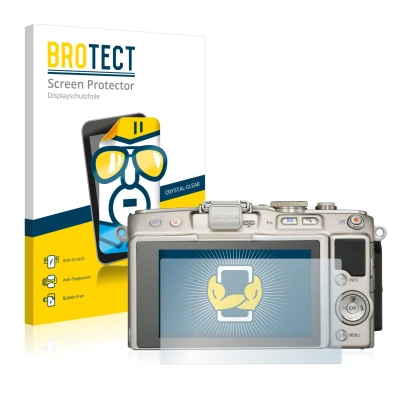 Face avant d’un emballage produit avec le logo de la marque BROTECT. À côté, l’appareil Olympus PEN E-PL6 est représenté avec