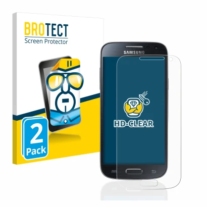 Face avant d’un emballage produit avec le logo de la marque BROTECT. À côté, l’appareil Samsung Galaxy S4 Mini est représenté