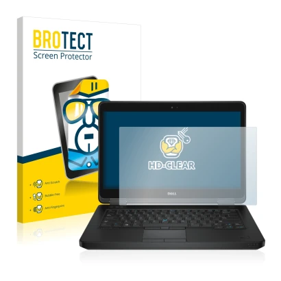 Face avant d’un emballage produit avec le logo de la marque BROTECT. À côté, l’appareil Dell Latitude 14 E5440 Non-Touch est r