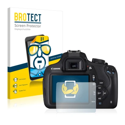 Face avant d’un emballage produit avec le logo de la marque BROTECT. À côté, l’appareil Canon EOS 1200D est représenté avec la