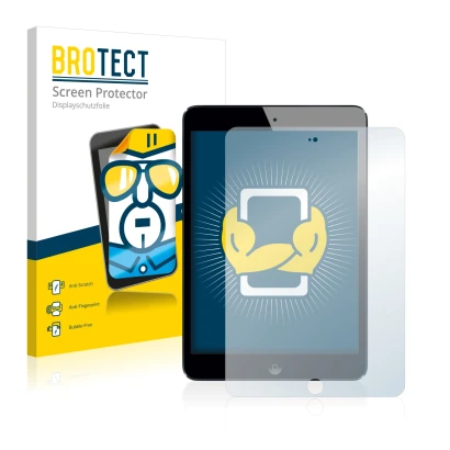 Face avant d’un emballage produit avec le logo de la marque BROTECT. À côté, l’appareil Apple iPad Mini 3 2014 est représenté 