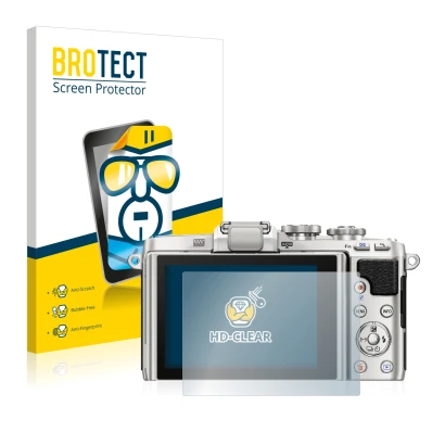 Face avant d’un emballage produit avec le logo de la marque BROTECT. À côté, l’appareil Olympus PEN E-PL7 est représenté avec