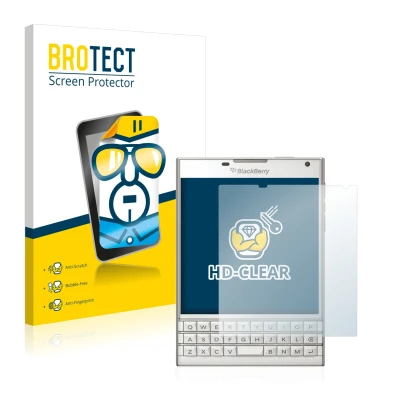 Face avant d’un emballage produit avec le logo de la marque BROTECT. À côté, l’appareil BlackBerry Passport est représenté ave