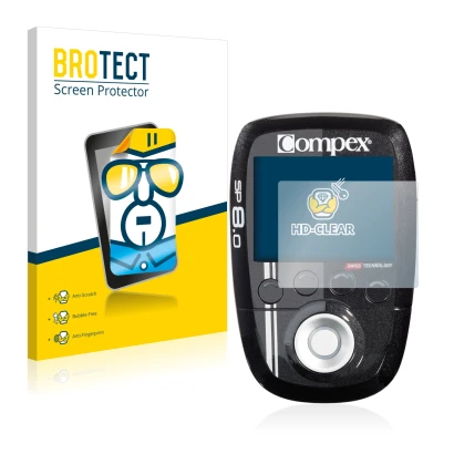 Face avant d’un emballage produit avec le logo de la marque BROTECT. À côté, l’appareil Compex SP 8.0 est représenté avec la p