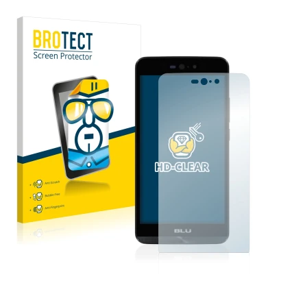 Face avant d’un emballage produit avec le logo de la marque BROTECT. À côté, l’appareil BLU Dash X LTE est représenté avec la