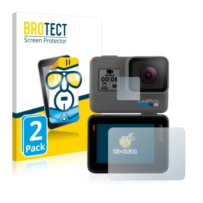 Face avant d’un emballage produit avec le logo de la marque BROTECT. À côté, l’appareil GoPro Hero 5 Black est représenté avec