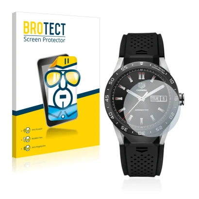 Face avant d’un emballage produit avec le logo de la marque BROTECT. À côté, l’appareil TAG Heuer Connected 46 est représenté 
