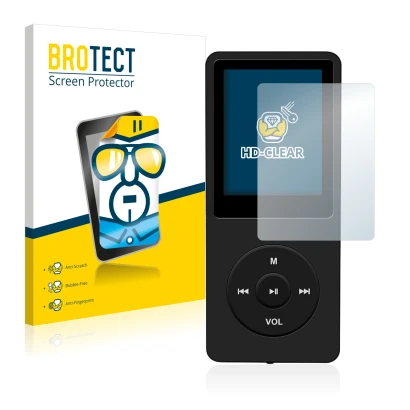 Face avant d’un emballage produit avec le logo de la marque BROTECT. À côté, l’appareil AGPtek 8GB MP3-Player est représenté a