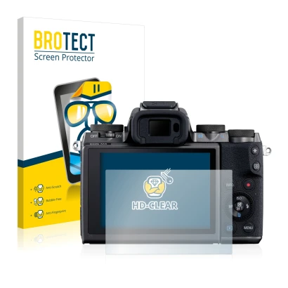Face avant d’un emballage produit avec le logo de la marque BROTECT. À côté, l’appareil Canon EOS M5 est représenté avec la pr