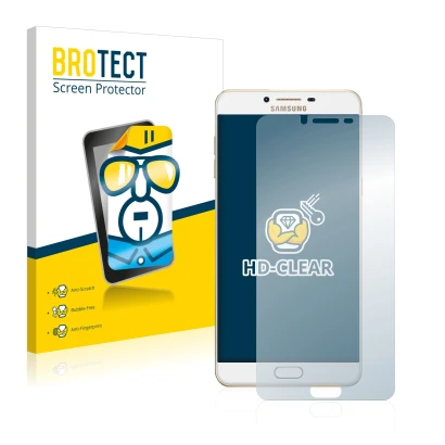 Face avant d’un emballage produit avec le logo de la marque BROTECT. À côté, l’appareil Samsung Galaxy C9 Pro est représenté a